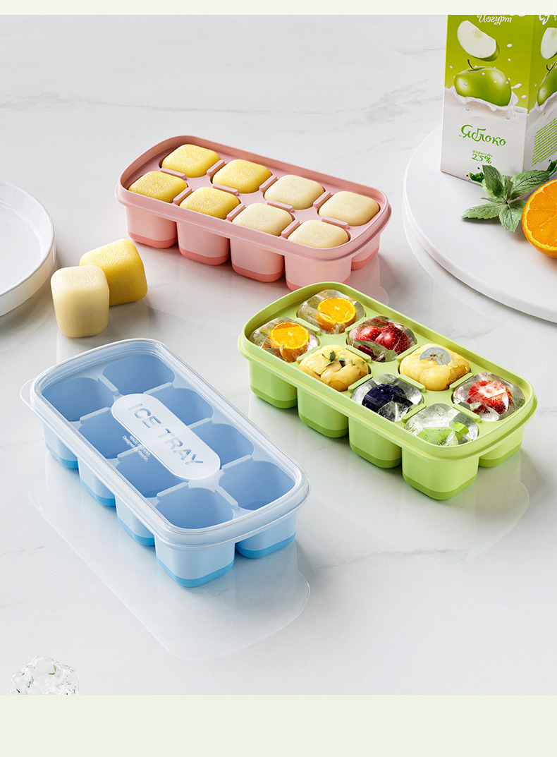 8 Cavity Square Ice Cube Trays Reusable Silicone Ice Cube Mold BPA Free Ice Maker with Removable Lids Kitchen Accessories