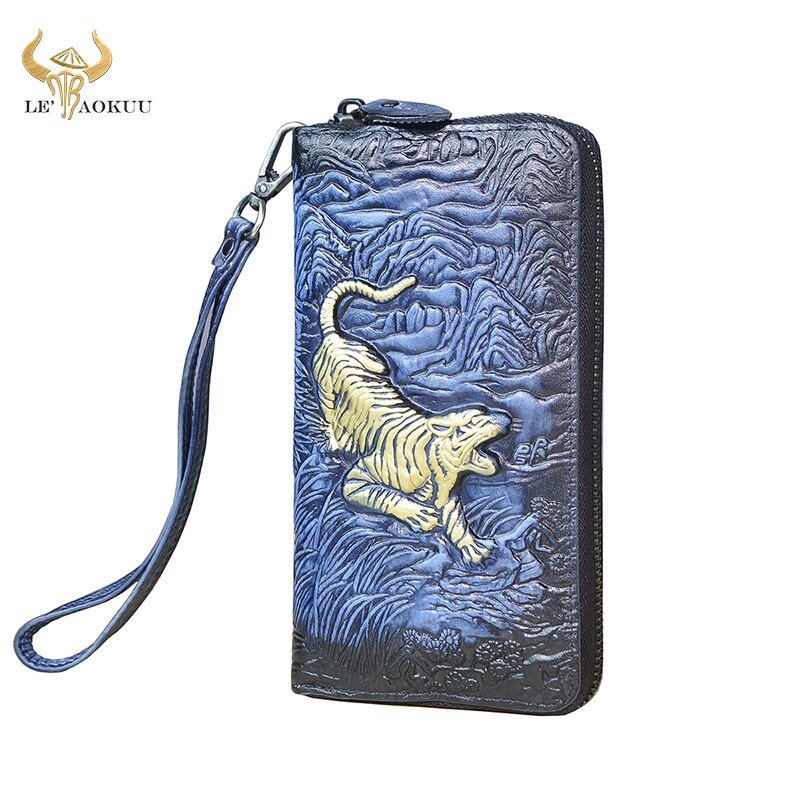 Unisex Top leather Card Holder Checkbook Zipper Around Organizer Chain Wallet Purse Clutch Handbag 1016: blue-gt