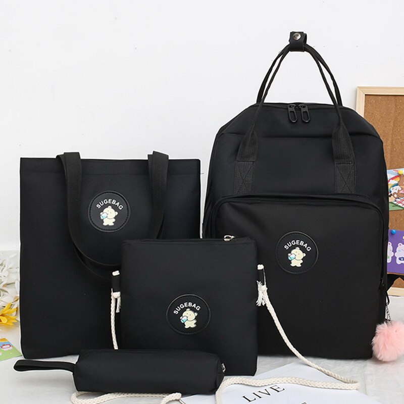 4 pièces ensemble sac d'école toile femmes sac à dos collège sac pour filles Anti-vol école sac à dos Mochilas femme sac à dos: Black