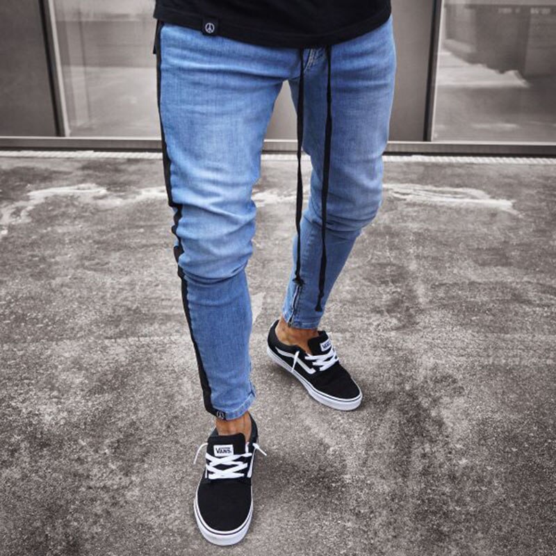 Jean homme avec bande latérale Patchwork déchiré jean en détresse coupe mince homme crayon pantalon pleine longueur Denim hommes vêtements pantalon