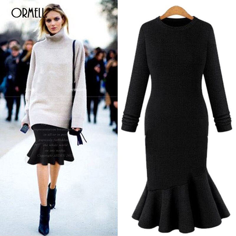 ORMELL Midi Knee Casual Women Knitted Dress Spring Female Long Sleeves Sweater Dresses Vintage Vestidos