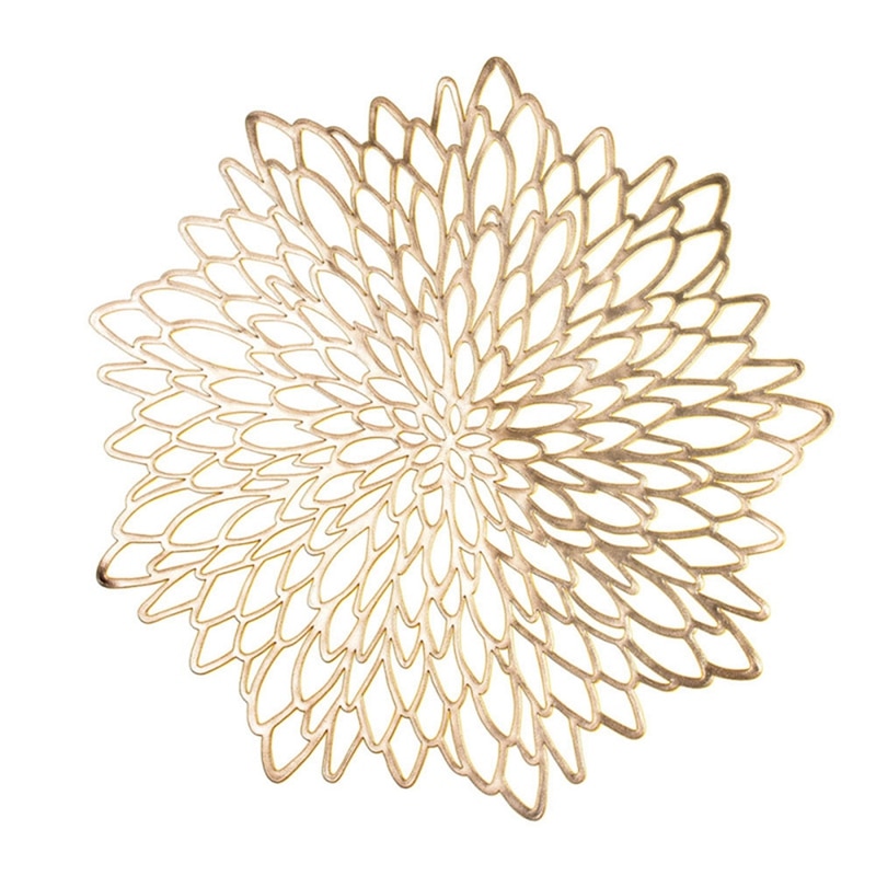 6PCS PVC Placemat for Dining Table Lace Round Embroidery table place mat Hollow Pad Coaster Pads Table Bowl Mats Gold Silver: Gold