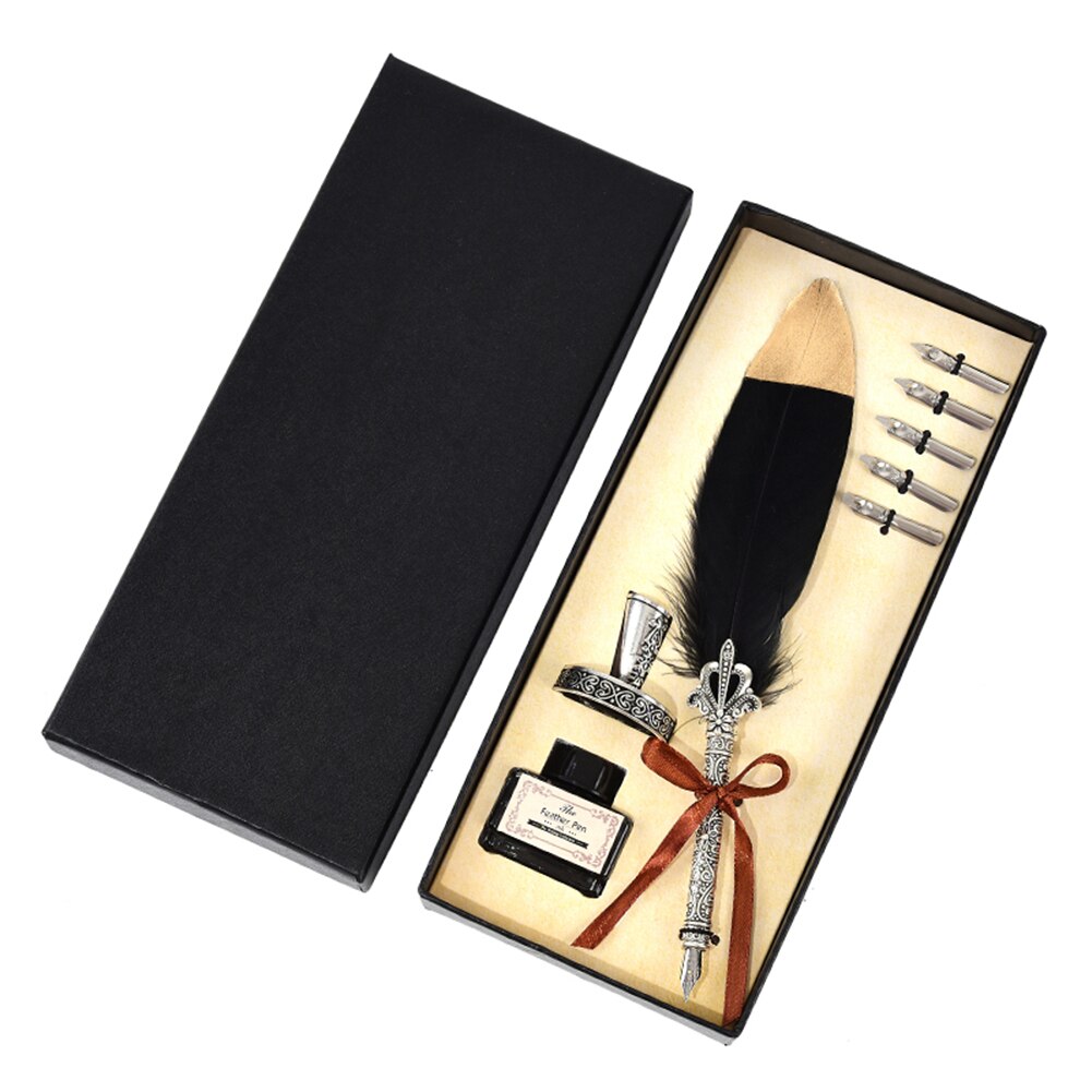 1 Juego de pluma de caligrafía Vintage, conjunto de pluma de inmersión con 5 pluma de escribir de tinta, pluma estilográfica, papelería estilo Retro, creativos de boda: Black