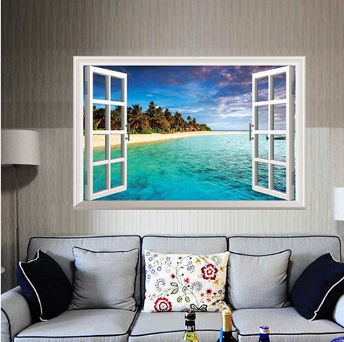 Autocollant Mural 3D en fausse fenêtre exotique, pour décoration de la maison, décoration artistique