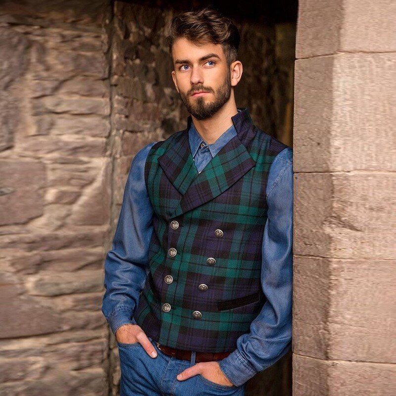 Mens Blue-Green Plaid Suit Vest Men Foramal Weeding Dress Vests Waistcoat Men Gilet Business Wedding Tuxedo Vest