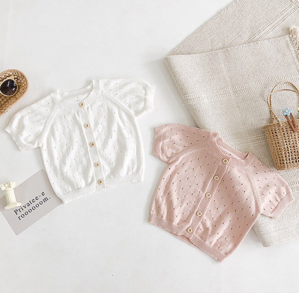 Infant Baby Girl Sweaters Spring Summer Baby Clothes Short Sleeve Knitted Sweaters Woolen Kids Tops Cardigan Sun Protection Coat