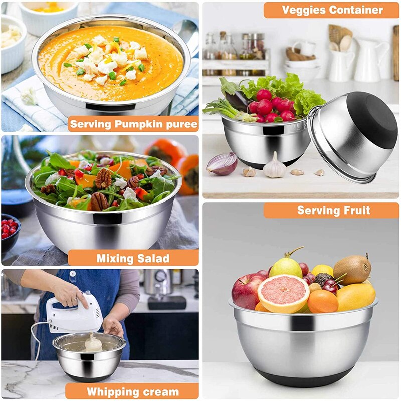 Stainless Steel Mixing Bowl Fruit Salad Bowl Non Slip Silicone Bottom Food Storage Bowl Set Kitchen Salad Cooking Bowl Tableware