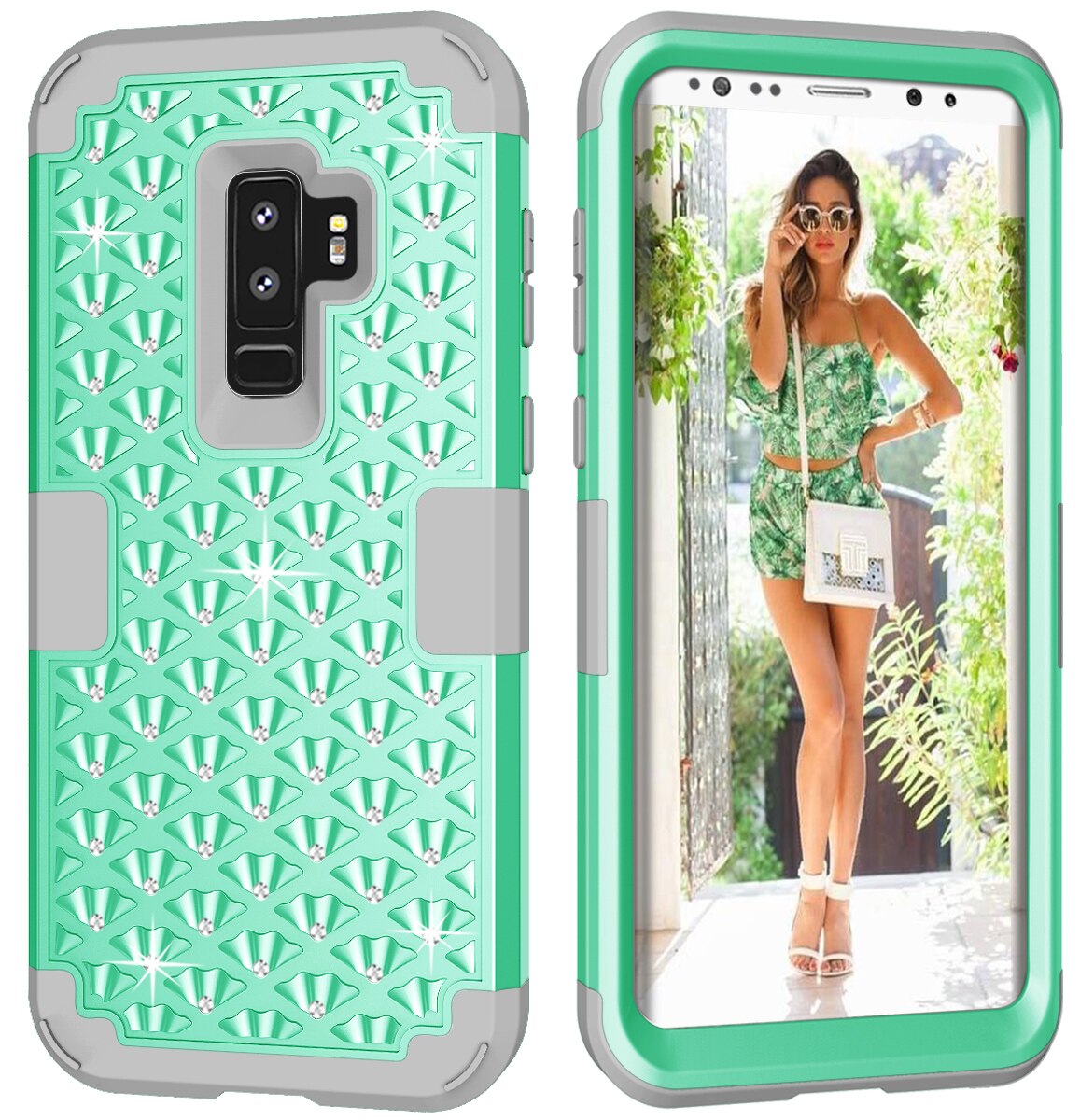 Estuches para Samsung Galaxy S9 Plus, híbrida resistente a golpes con diamantes de imitación brillantes con doble capa de protección contra impactos: For Galaxy S9 / Mint Gray