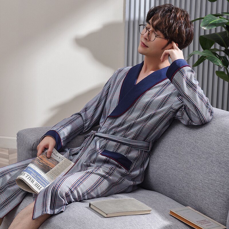 Primavera otoño Albornoz rayado hombres de algodón completo top para dormir batas Kimono para hombre batas bata de baño larga novia batas de 3XL