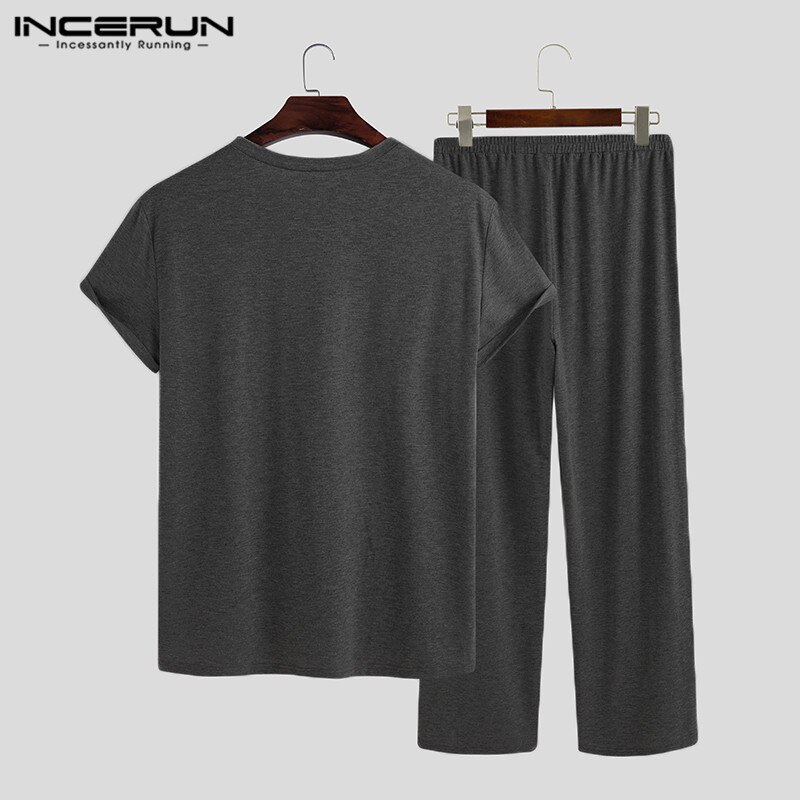 INCERUN Men Solid Pajama Sets Short Sleeve O Neck Tops Elastic Waist Pants 2 Pieces Man Breathable Homewear Loose Suit Plus Size