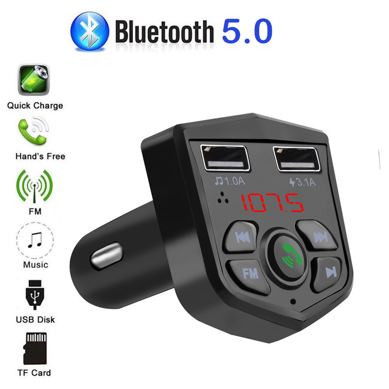 Bluetooth 5.0 håndfri bilsæt fm sender 3.1a hurtig dobbelt usb oplader lcd digital voltmeter tf-kort u disk aux-afspiller: Default Title
