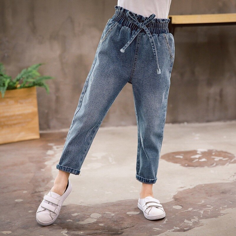 Jenter jeans bukser høy midje denim bukser låve lange bukser låve jeans bukser 4-14 år jenter klær vår høst