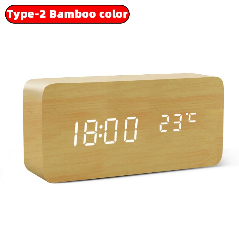 Wekker Tafel Klok Led Digitale Houten Usb/Aaa Aangedreven Bureauklok Temperatuur Vochtigheid Voice Control Elektronische Home Decor: type 2-bamboo color