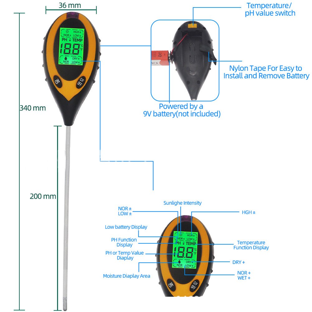 Household Digital Soil PH Tester 4 in 1 Electronic Garden Plant Soil Tester PH Moisture Meter LCD Display Tester Analyzer