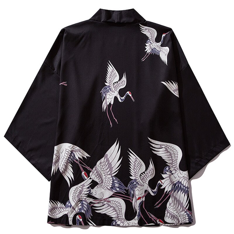 Harajuku Kimono Jas Japanse Hip Hop Streetwear Bomberjack Crane Print Zomer Dunne Gown Japan Stijl Street Wear