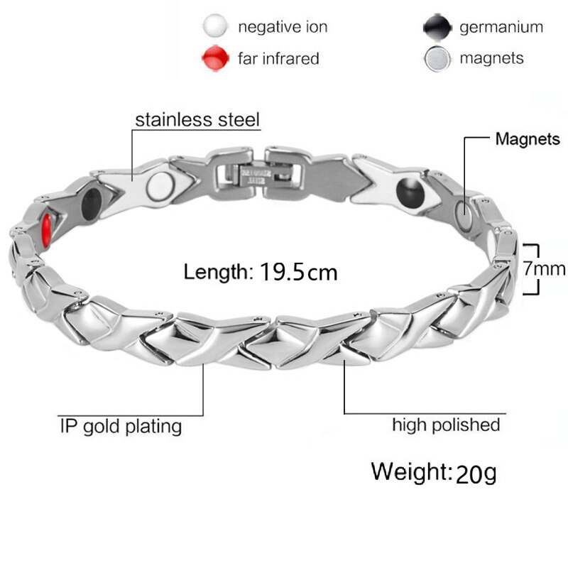 Bracciale magnetico per donna 4 In 1 elementi Anti fatica catena a mano In germanio acciaio inossidabile oro energia energia braccialetti per la salute: Silver