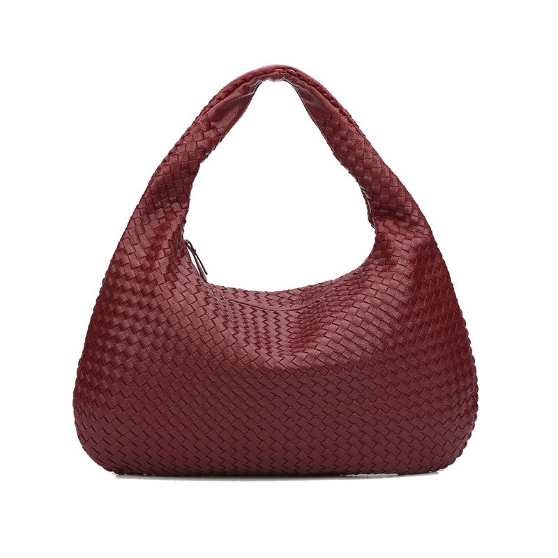 LUCDO-sac Hobo fait à la main en cuir PU tissé décontracté, sac à main de bonne Patchwork fermeture éclair pour femmes, sacs à épaule: Foncé Rouge