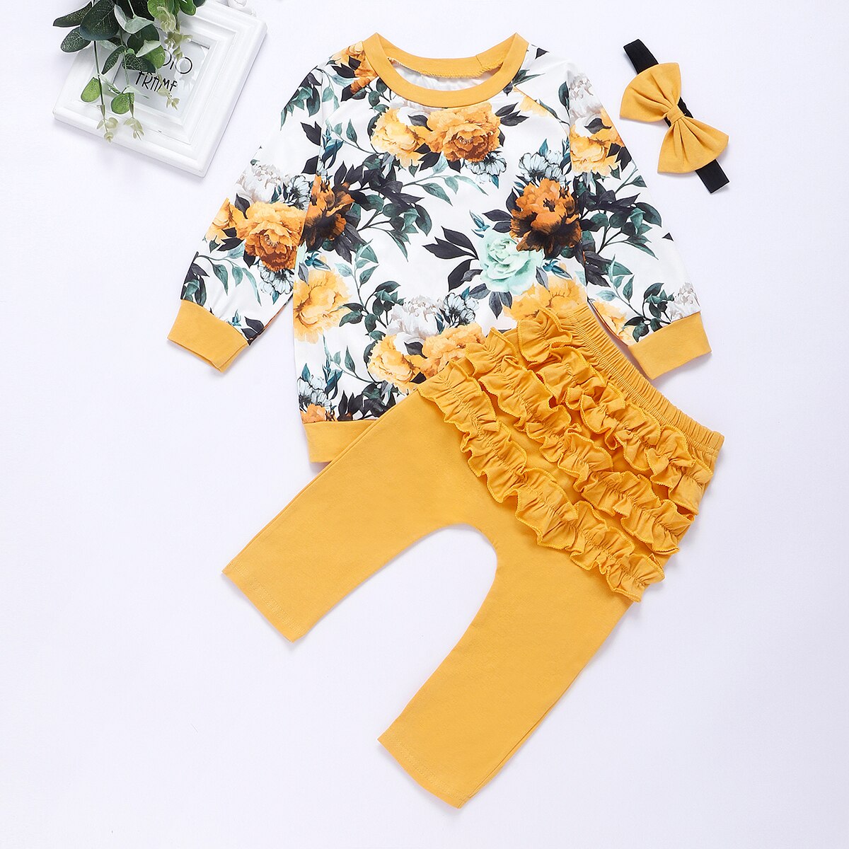 Cotton Newborn Baby Girl Clothes Infant Baby Girls Winter Clothe Outfits Flower Tops+Ruffle Pants Headband 3Pcs Clothing Set