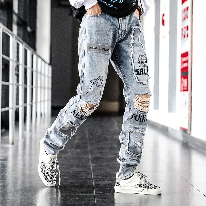 décontracté Denim déchiré trou lâche mendiant hommes imprimé jean coréen été mince jean décontracté patch pantalon