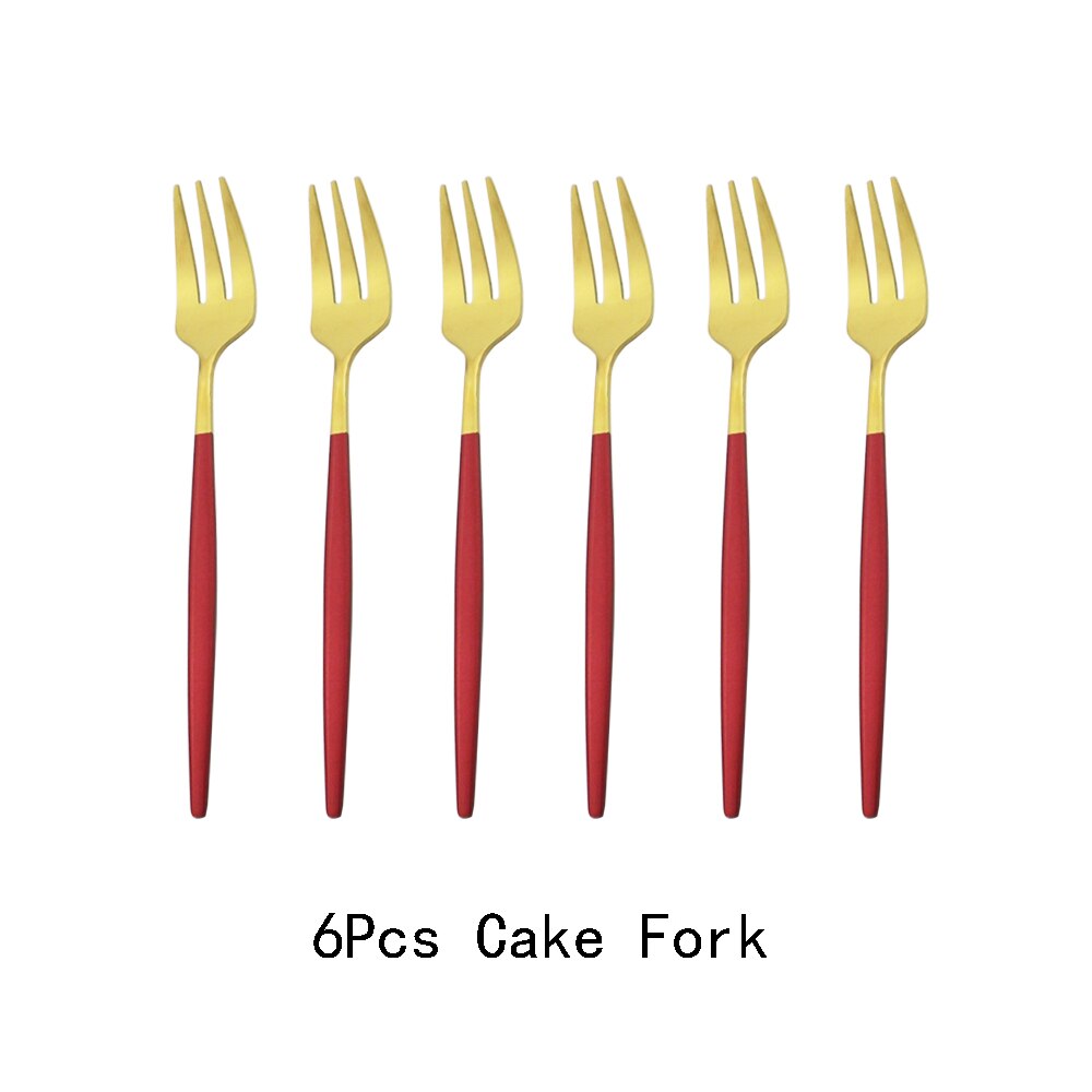 6Pcs Coloful Fork Set Tea Cake Snack Forks Dinnerware Cutlery Matte Stainless Steel Tableware Dessert Fruit Fork Silverware Set: Red Gold
