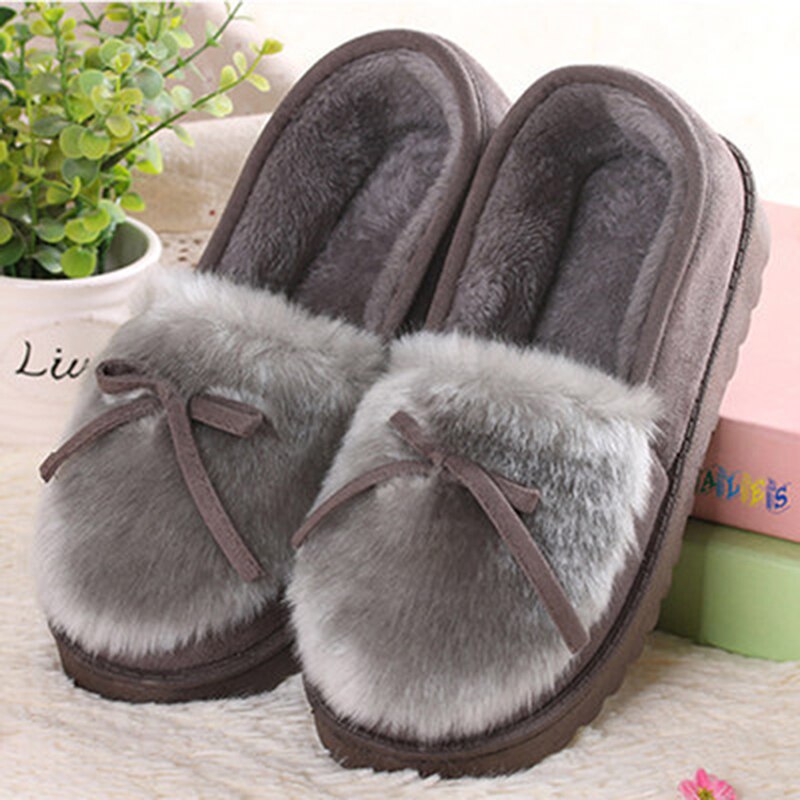 Vinter platå skor kvinnor utomhus hem tofflor kvinnlig vinter päls rutschbanor hus sandaler fuzzy tofflor dam söta rosett loafers: Grå / 40