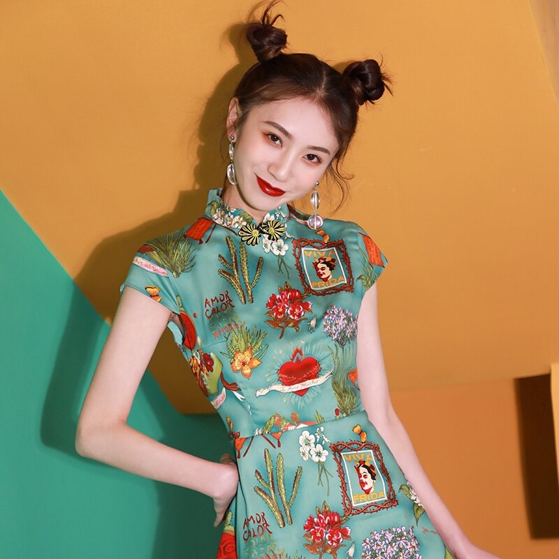 and improved cheongsam print dress chinese traditional dress for women cheongsam
