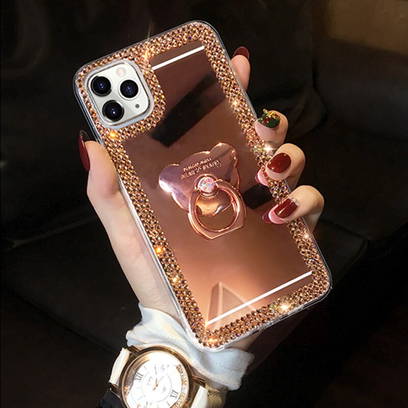 Finger Holder Rhinestone Case For Huawei P50 P50Pro Honor 50 Honor 50 Pro 50 SE Mirror Cases Girly Coque