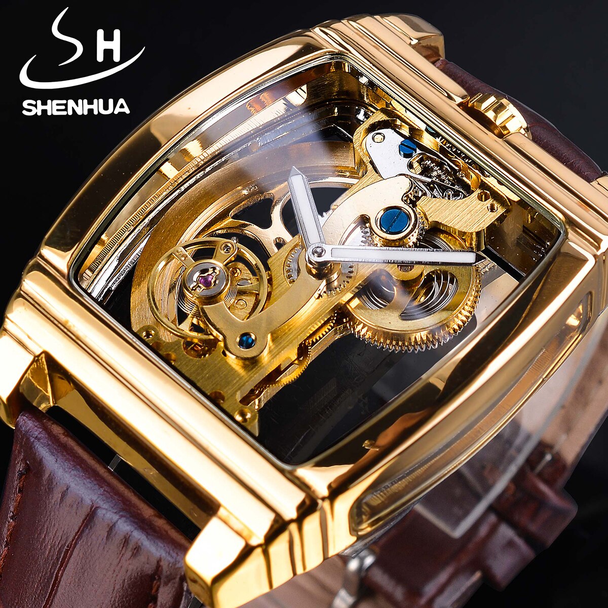 Shenhua Transparante Koninklijke Luxe Waterdichte Automatische Mechanische Horloge Lederen Band Skeleton Tourbillion Goud Lichtgevende Klok