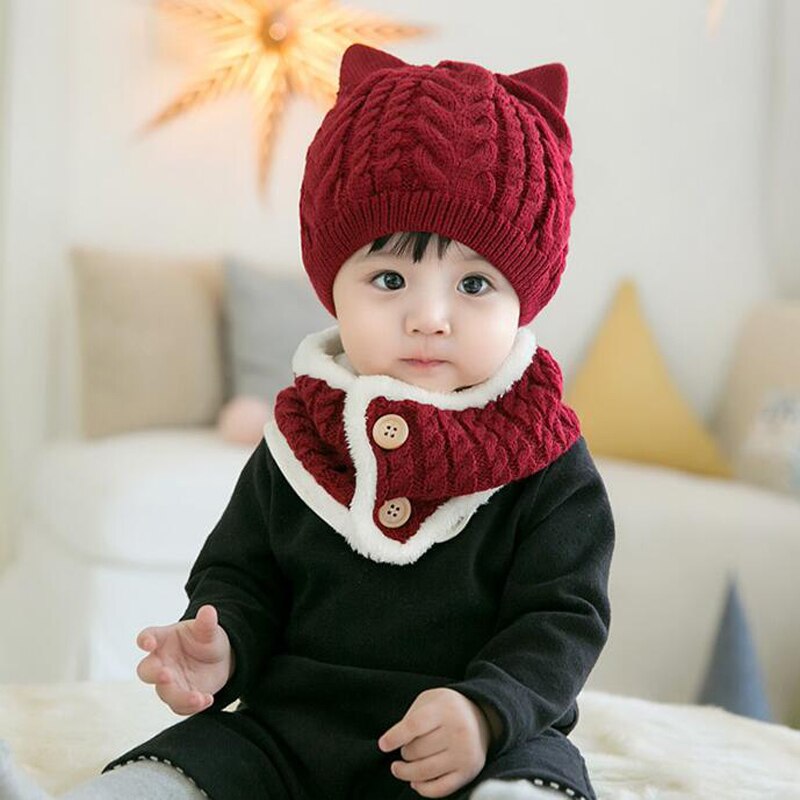 2Pcs Baby Hat Scarf Set Warm Knitted Baby Winter Hat Cap Bonnet Kids Hat Boy Girl Caps Boys Girls Crochet Beanie Autumn: wine red