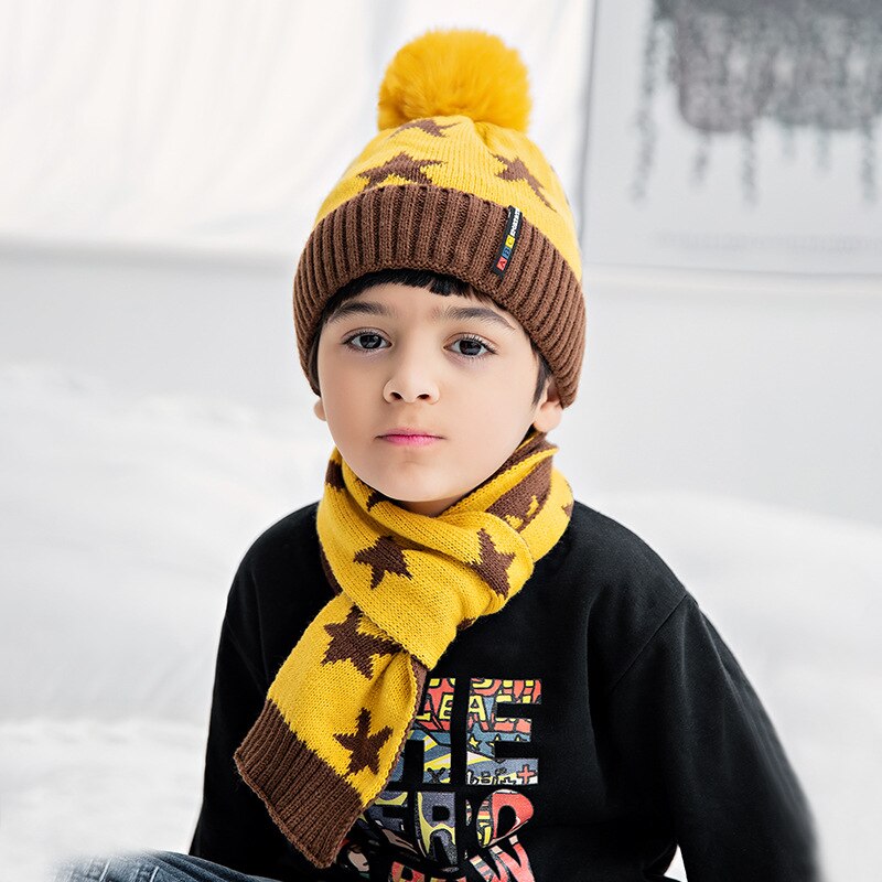 Ensemble de bonnets et écharpes tricotés pour enfants, 2 pièces, épais et chauds, avec pompon, accessoires pour vêtements, pour garçons, automne hiver: YELLOW