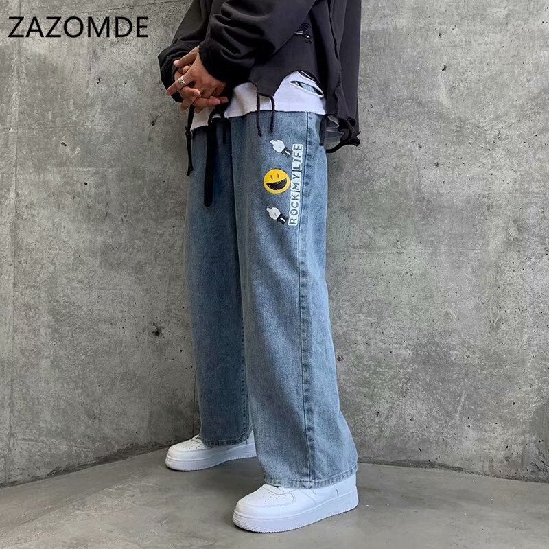 Zazomde mænd jeans efterår tegneserie tryk løse lige cropped bukser ung personlighed trend herretøj