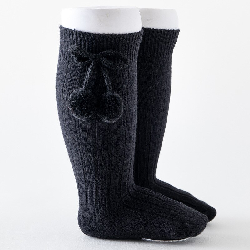 6 Colors Unisex Children Cherry Poms Ball Knee High Socks Baby Toddler Tube Socks For Kids Girls Boys Cherry Knitted Sock 2-6Y: black / M(1-2T)