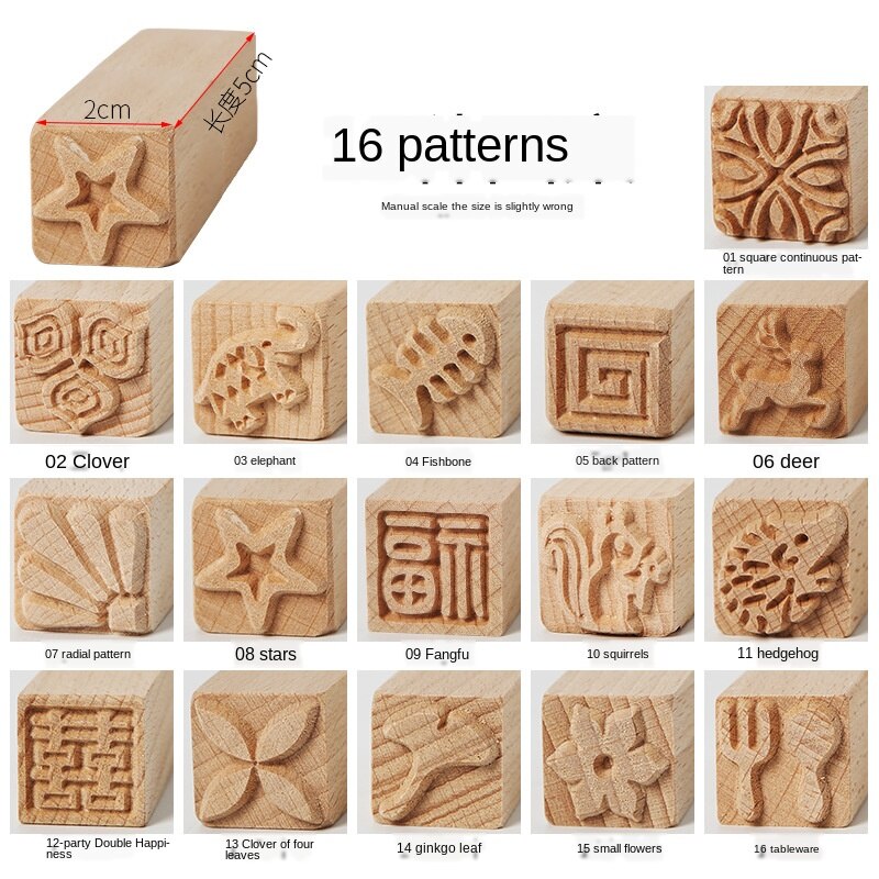 16pcs of pottery wood texture texture seal solid wood cartoon moon cake printing tool pottery mud plastic mold stamp