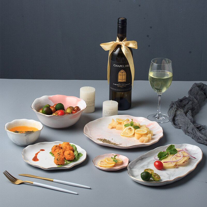 1Pc Glod Marmer Keramische Diner Schotel Plaat Rijst Salade Noedels Soepkom Saus Sushi Vis Plaat Servies Sets Servies