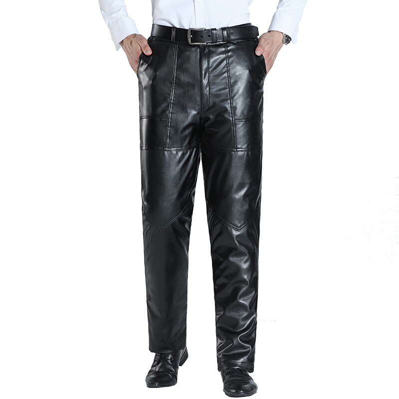Thoshine skinnbyxor herr långbyxor casual man pu skinnbyxor med fleece varma höst vinterkläder