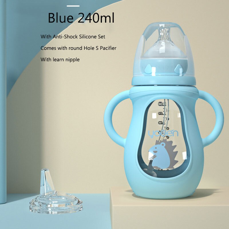 Cute Glass Baby Bottle Silicone Straw Water Drink Bottles For Baby Milk Feeder Set Baby Feeding Bottle Newborn Baby Bottle: Blue 240ml with Dual