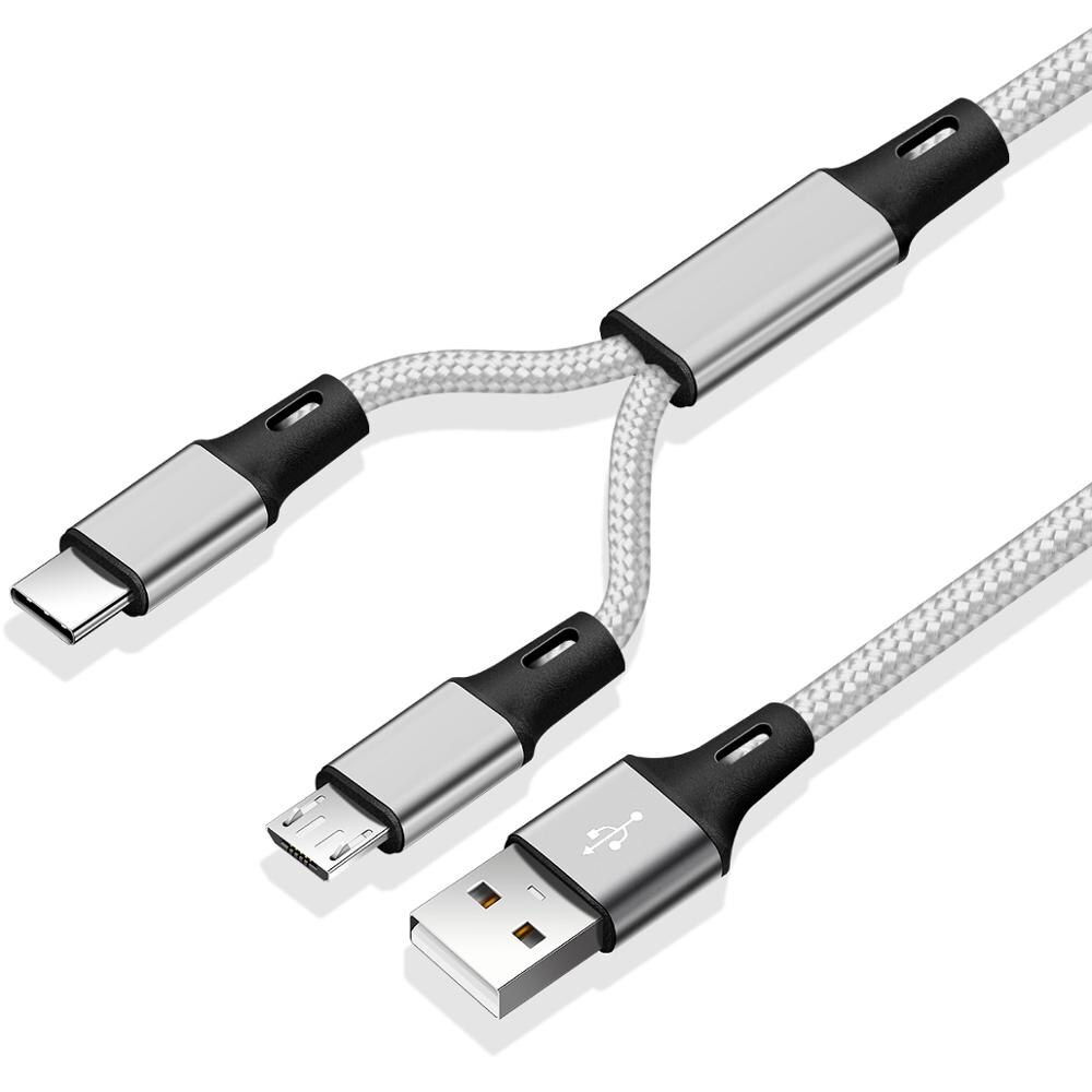 2 w 1 kabel mikro USB dwustronny USB typu C ładowarka nylon mikro kabel USB C ładowania dla powerbank robić telefonu komórkowego kable: srebro kabel
