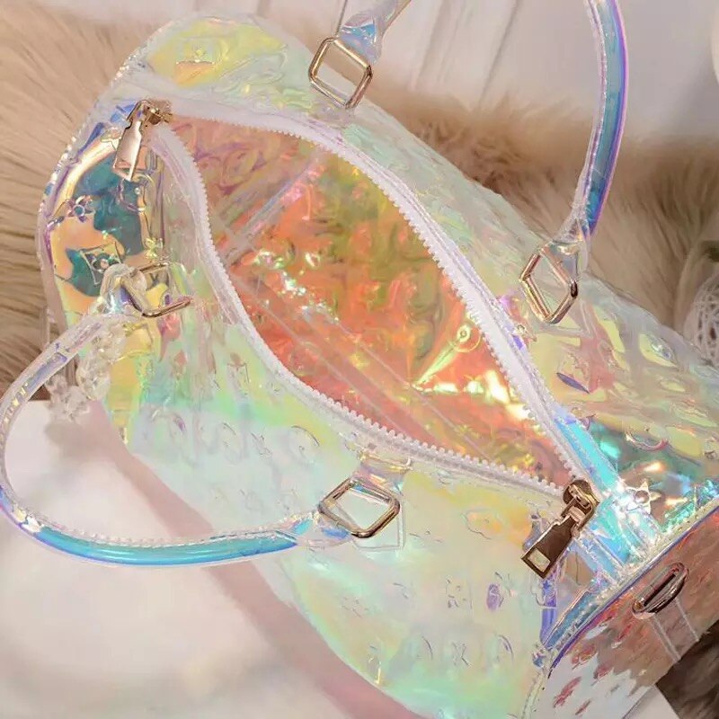 Arc-en-ciel Laser Gril Sport sac brillant femmes voyage sac à main PVC holographique bagage Transparent dame fourre-tout hologramme valises