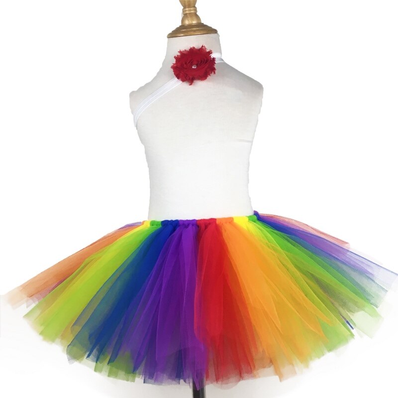 Girls Rainbow Tutu Skirt Baby Handmade Tulle Ballet Pettiskirts Tutus with Red Flower Hairbow Set Kids Party Costume Skirts