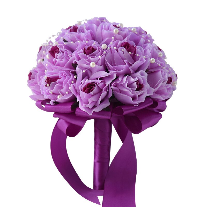 JaneVini Champagne White Bridal Flowers Bride Hand Bouquet Pearls Artificial Groom Flower Bouquet Brooch Mazzi Di Fiori: Purple