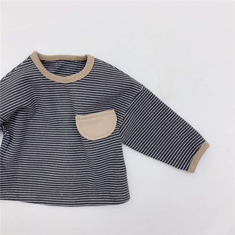 Camiseta de algodón de estilo coreano Regular para niños y niñas, a rayas de manga larga con cuello redondo y bolsillos: Gris oscuro / 24 meses