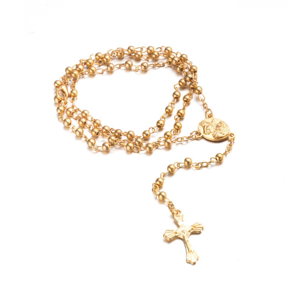 Rosenkranz Halskette Jesus Christus Kreuz Anhänger Halsketten Legierung Perle Lange Kette Mens Frauen Jungfrau Maria Christian Schmuck: J020085B