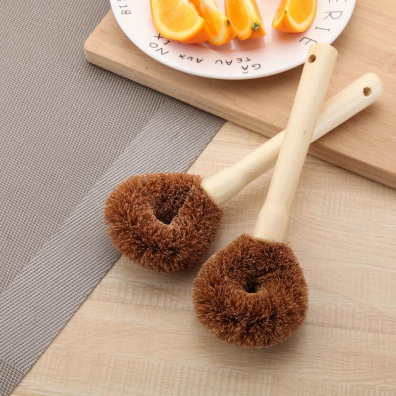 Cepillo antiadherente marrón de aceite de coco Natural, cepillo de limpieza de aceite de mango largo, para lavar platos, producto de cocina, se puede colgar