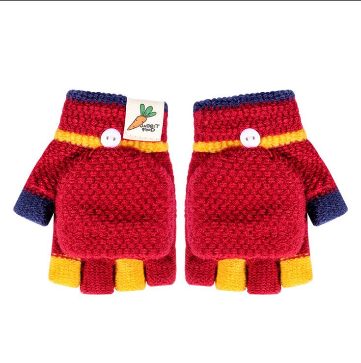 Børn drenge piger vinterhandsker halvfinger flip cover strikning vanter vinter varme børn handsker: Rød