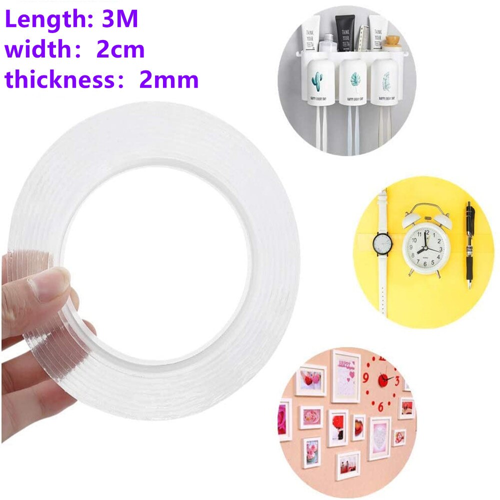 Transparent Double-sided Reusable Washable Tape Adhesive Paste Trace Removable Glue Household Cleaner: 3Mx2cmx2mm