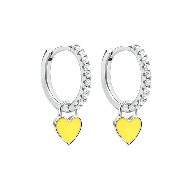 GS 925 Sterling Silver Hoop Earrings With Cute Candy Neon Color Enamel Heart Charm Earring Gold Silver Color For Girls: silver-yellow