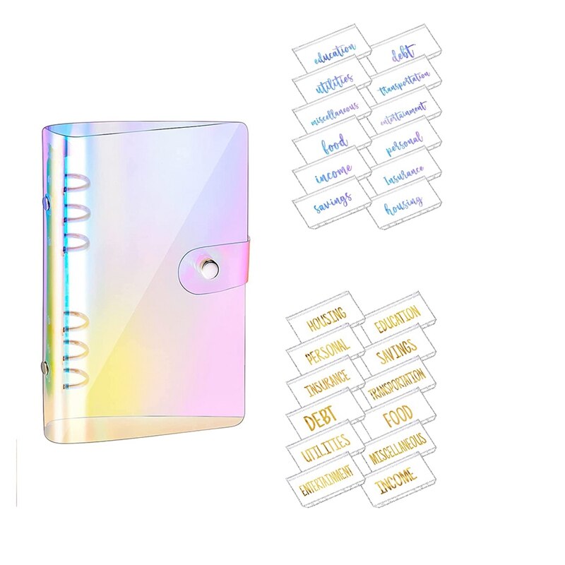 PVC Notebook Cover Planner Budget Binder Organizer 6 Round Ring Protector Binder With 24 Zipper Folder (Rainbow)