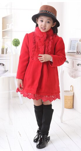 Elegante prinses winter wollen jas met opstaande kraag en bontkraag, warme winterjas voor meisjes, roze, rood ,120-160cm: Rood / 8