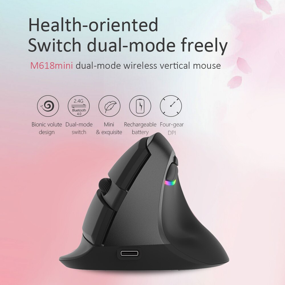 Delux M618 Mini Wireless Mouse Bluetooth 4.0+2.4GHz Recharging Game Mouse Office Laptop PC Silent Mouse Ergonomic Vertical Mouse