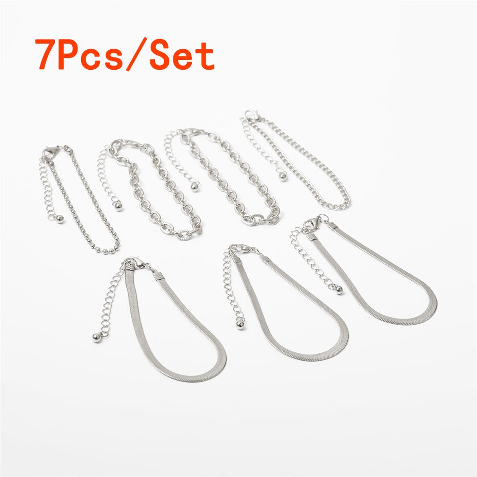 7 pièces/ensemble de Punk serpent chaîne Bracelets ensemble femmes brassard Boho gros métal lien Bracelet Bracelet main bijoux: Silver Set